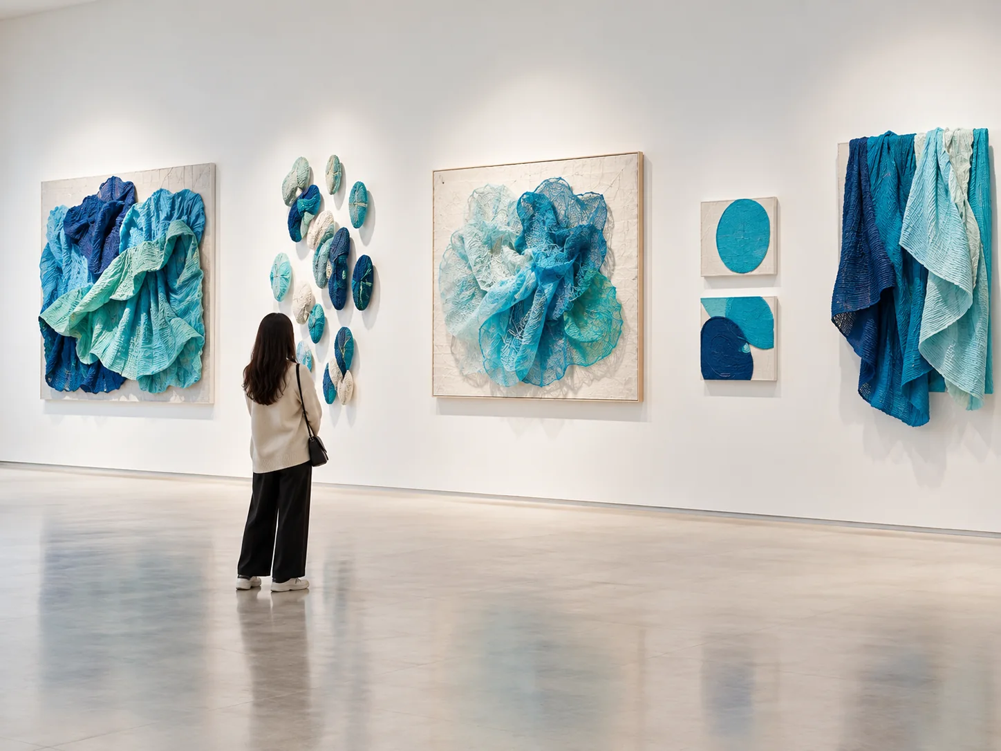 Visitor studying turquoise textile artworks in a contemporary gallery
