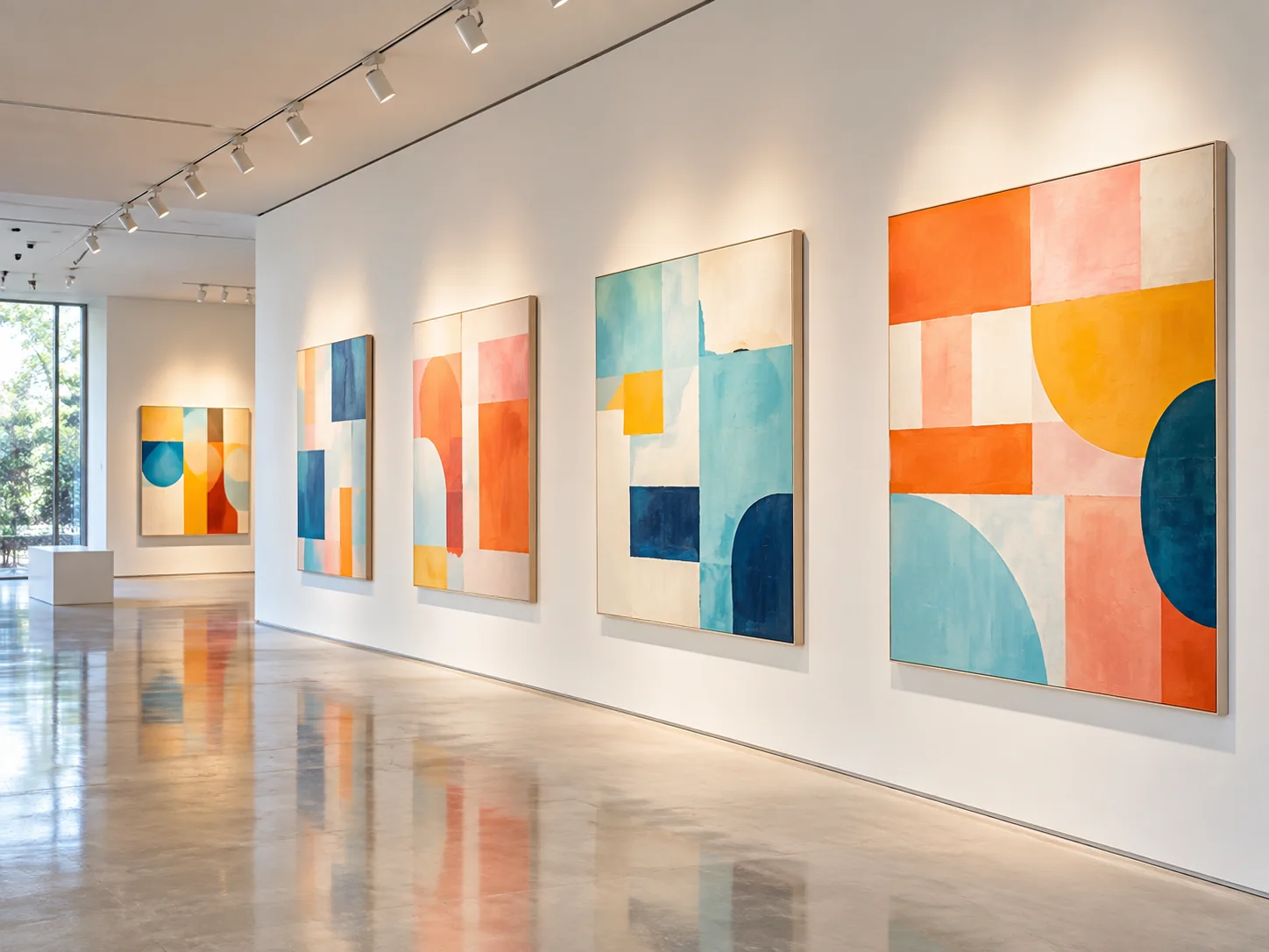 Bright gallery displaying colorful geometric abstract paintings