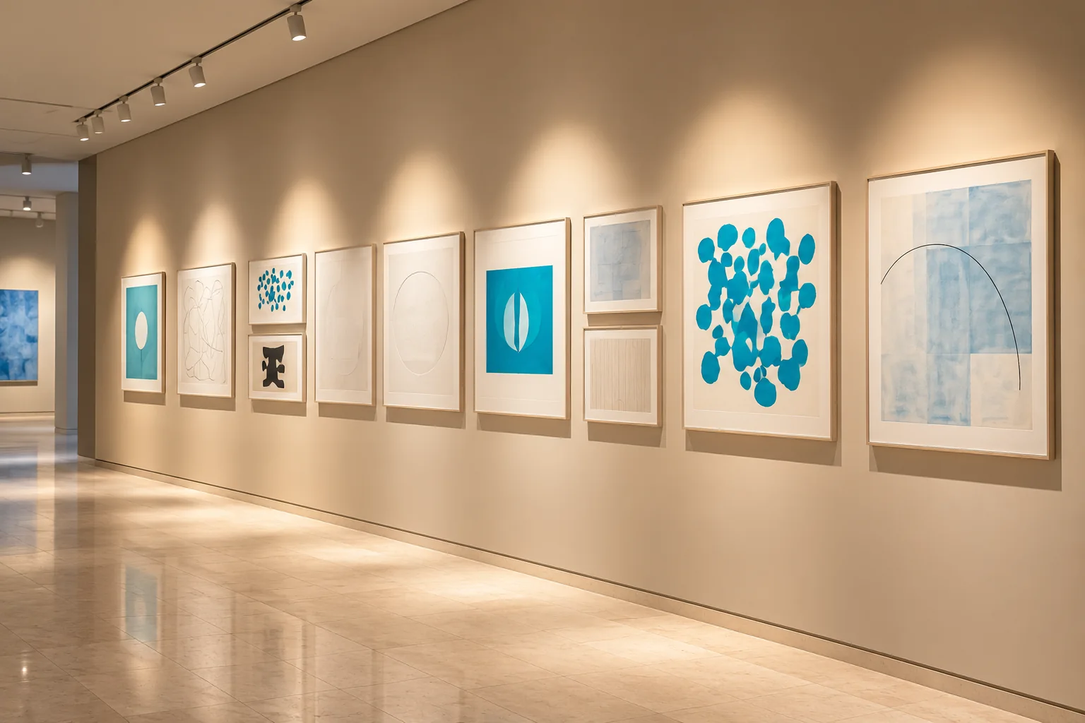 Warm contemporary gallery wall lined with framed blue and turquoise artworks