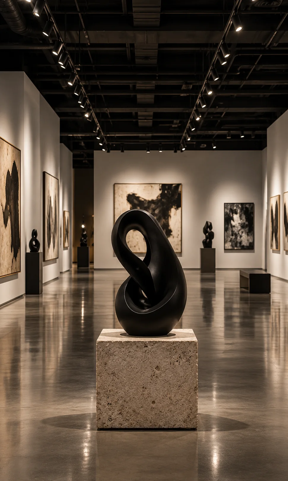 Black abstract sculpture on a stone pedestal in a dark contemporary gallery