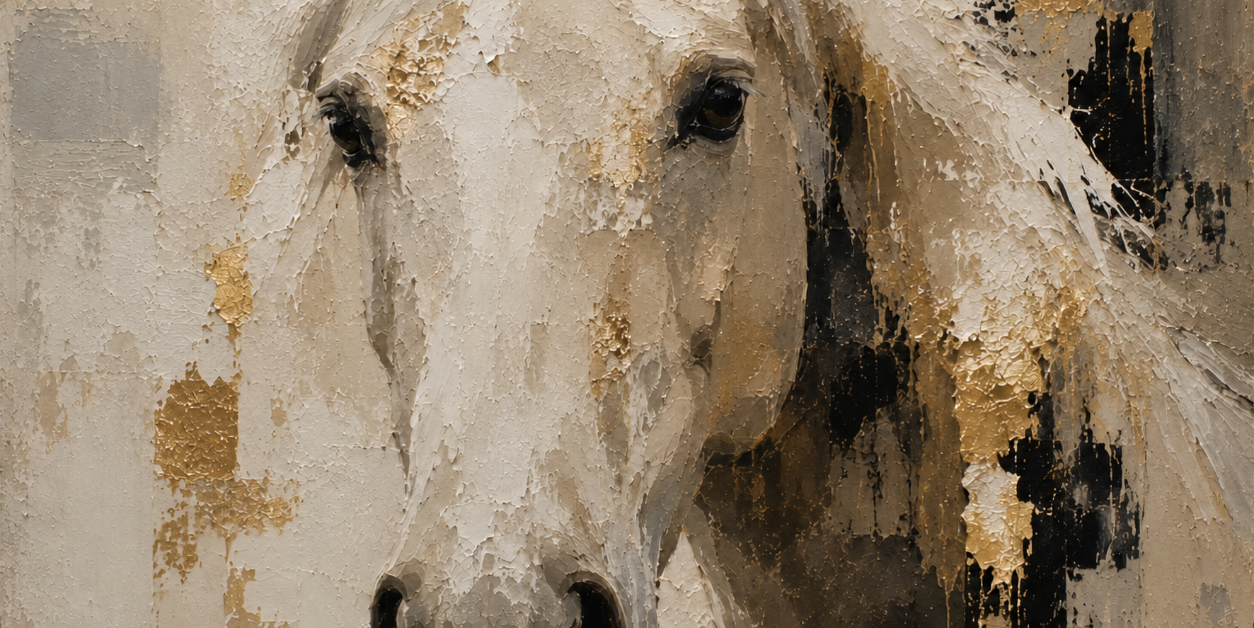 Close detail of a white horse rendered in richly textured ivory, ochre and black paint